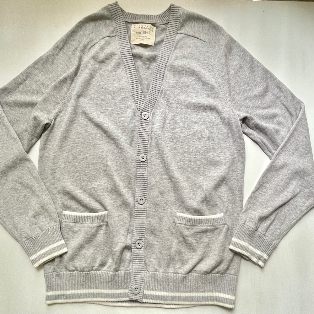 Five Four Nick Wooster Mens M Gray Cotton Cardigan Sweater Varsity Stripe